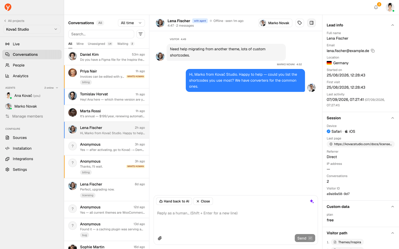 The Yamidoo dashboard showing a live conversation handed from the AI to an agent