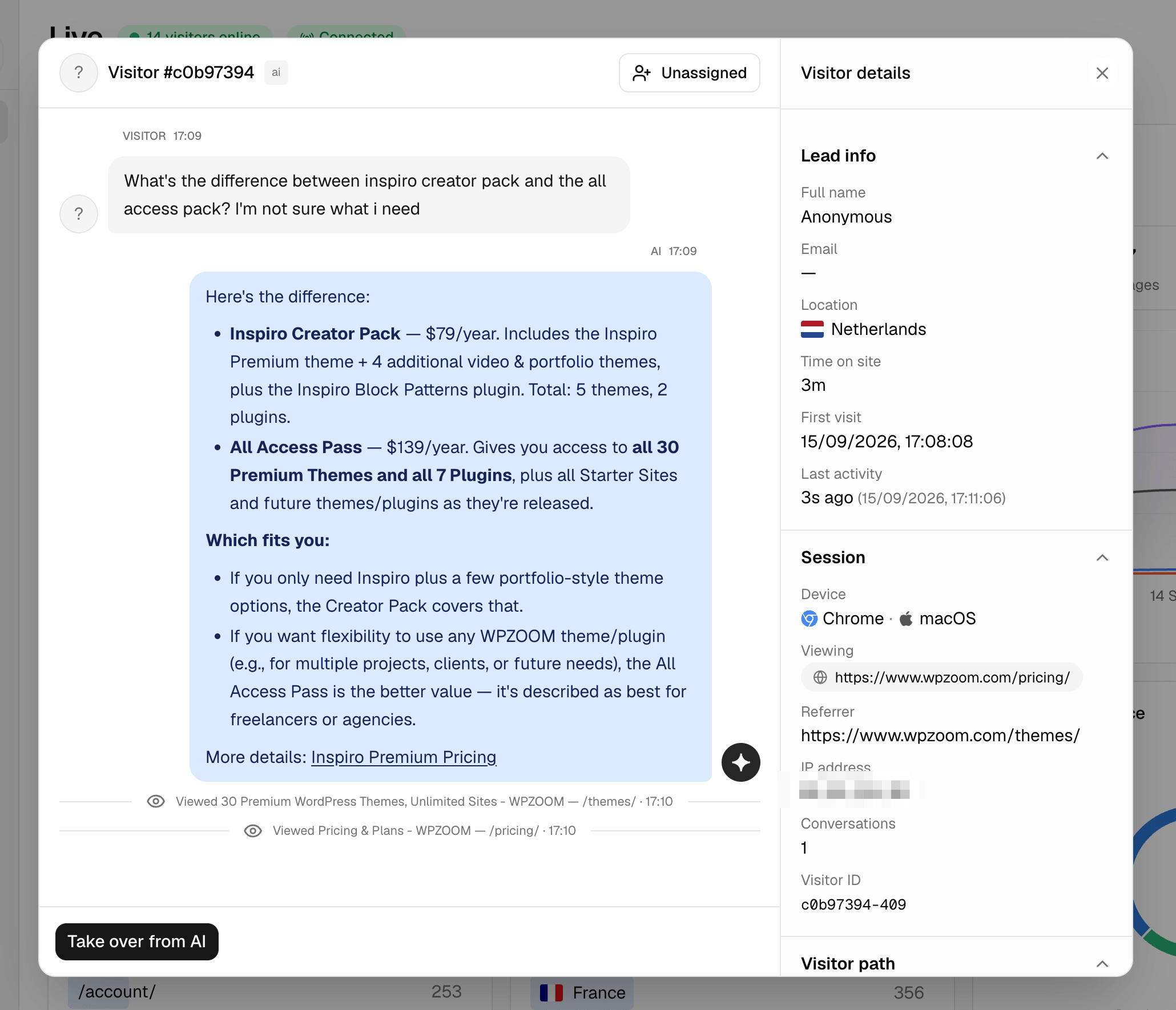 Yamidoo AI support chat on wpzoom.com answering a visitor’s question, with the source page linked under the answer