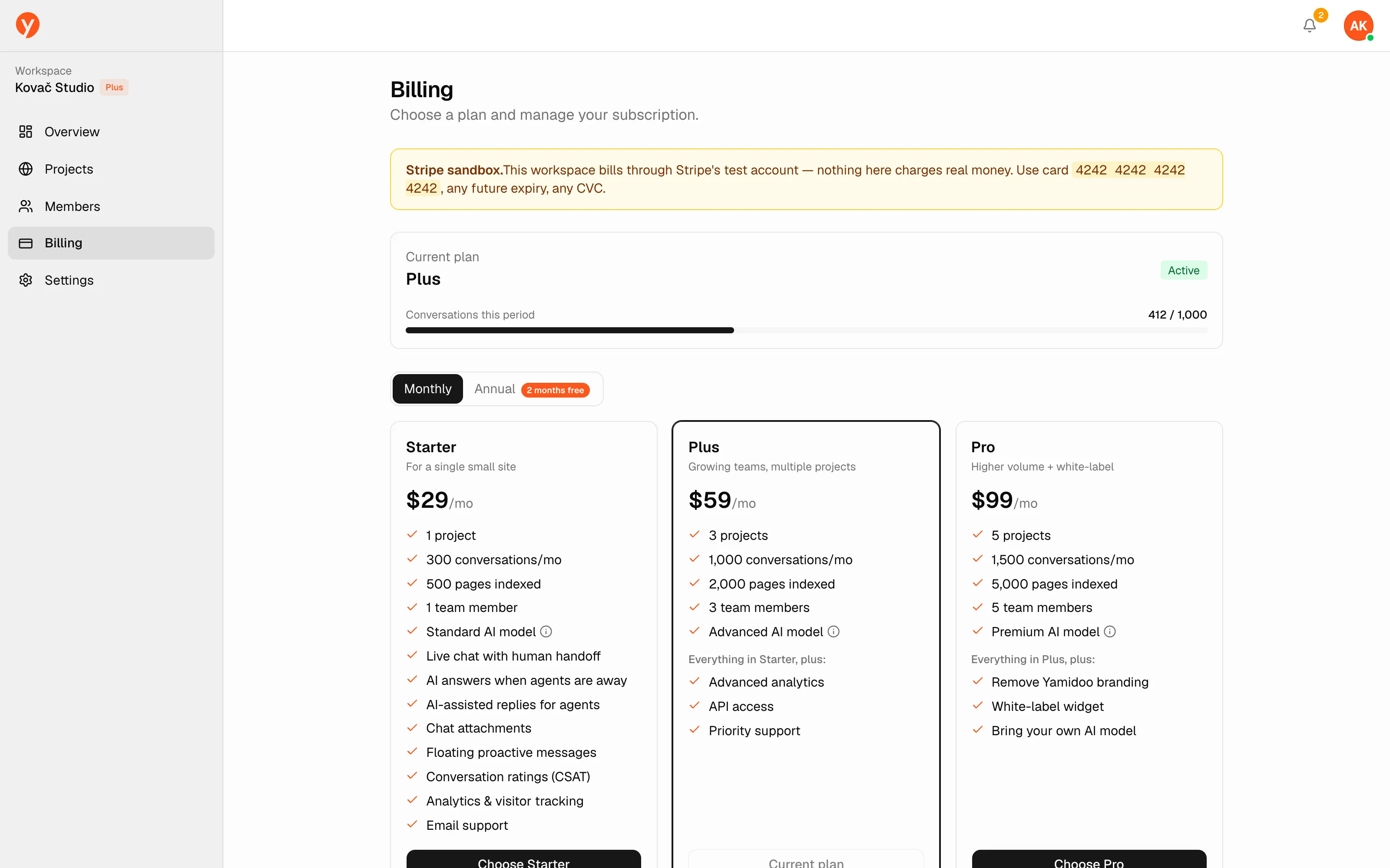 The Billing page with the current plan card, the usage meter and the plan picker