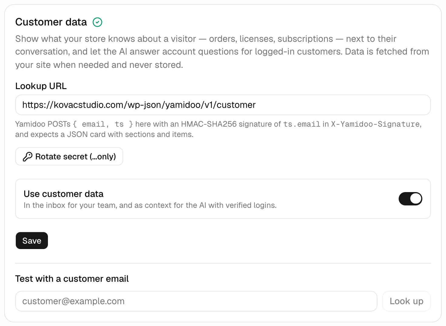The Customer data tab under Integrations: the Lookup URL field, the Rotate secret button, the Use customer data switch and the test lookup