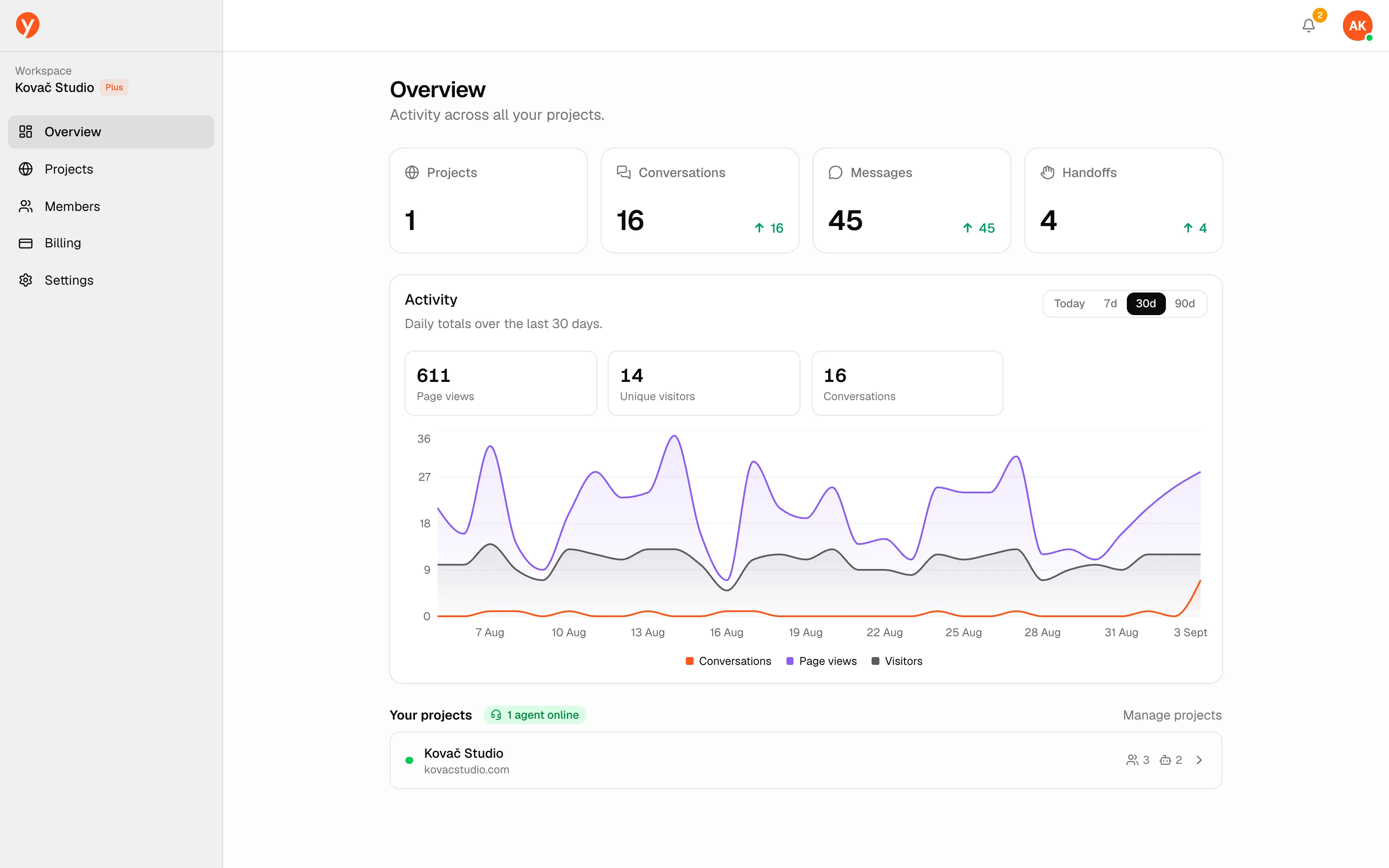 The Overview page: Projects, Conversations, Messages and Handoffs stat cards above the 30-day activity chart