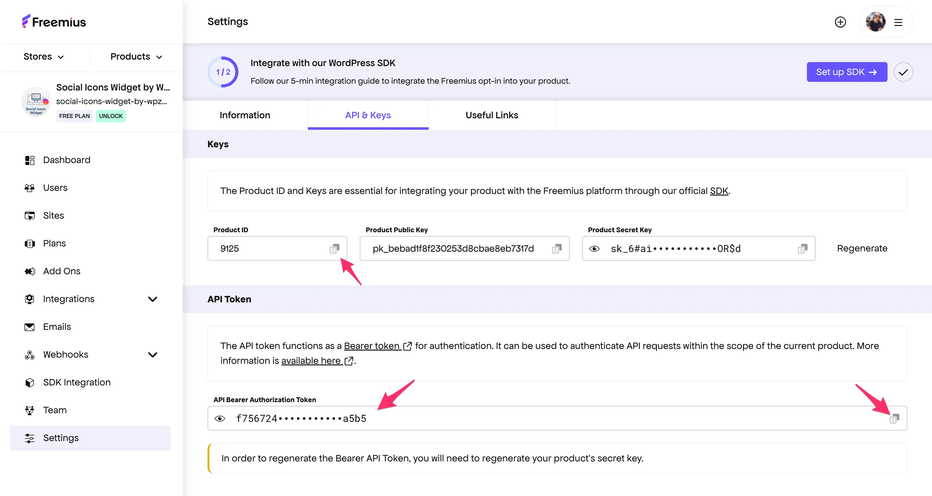The API & Keys tab of a product in the Freemius Developer Dashboard, with the Product ID field and the API Bearer Authorization Token field highlighted