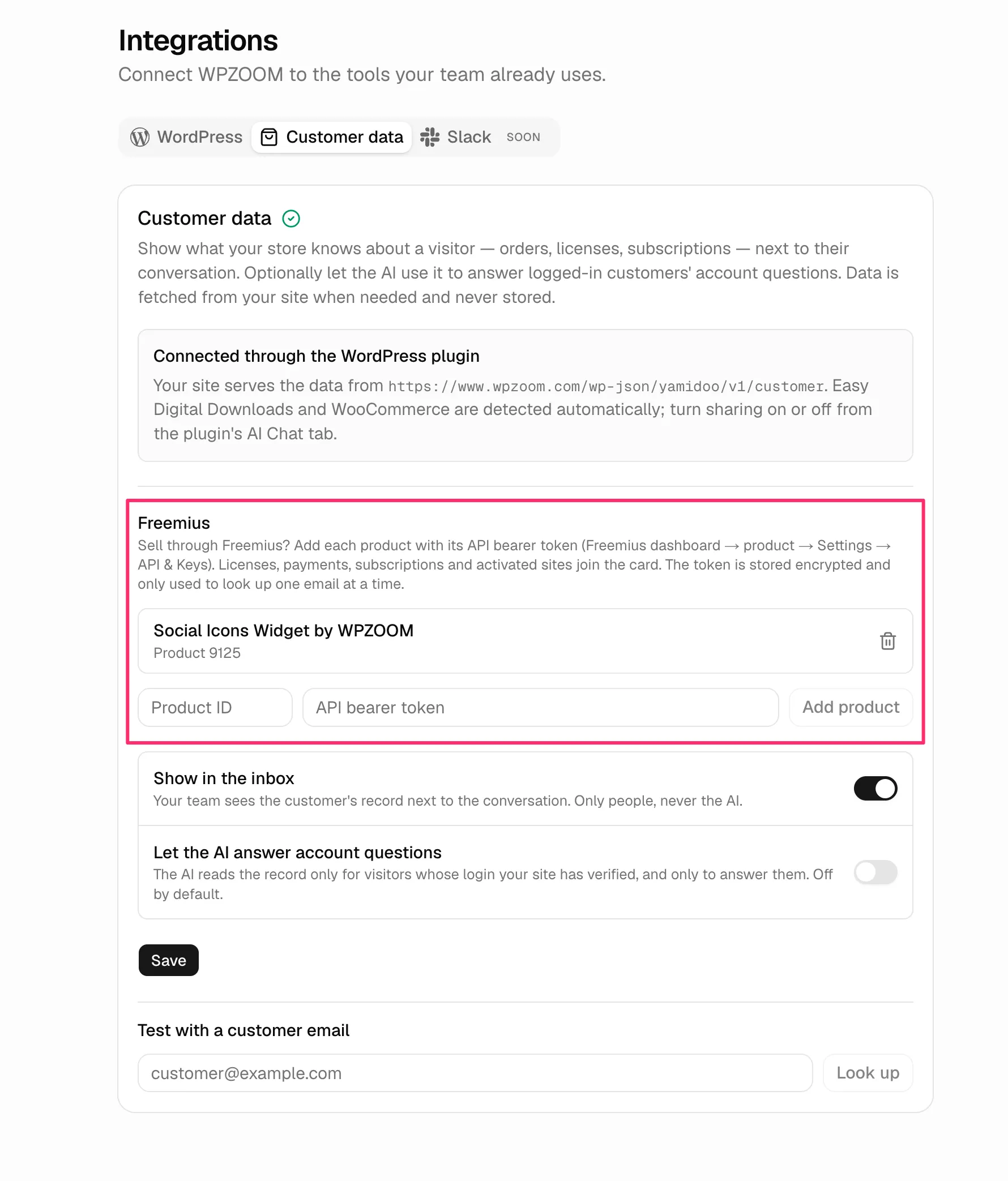 The Customer data tab under Integrations in Yamidoo, with the Freemius block highlighted: one product already added, the Product ID and API bearer token fields, and the Add product button