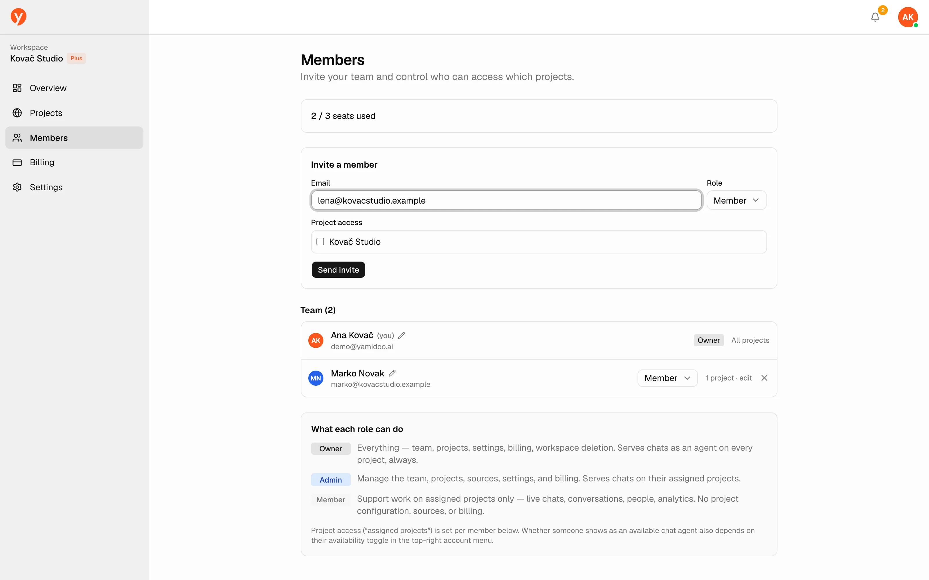 The invite form with a role selected and the per-project access checklist