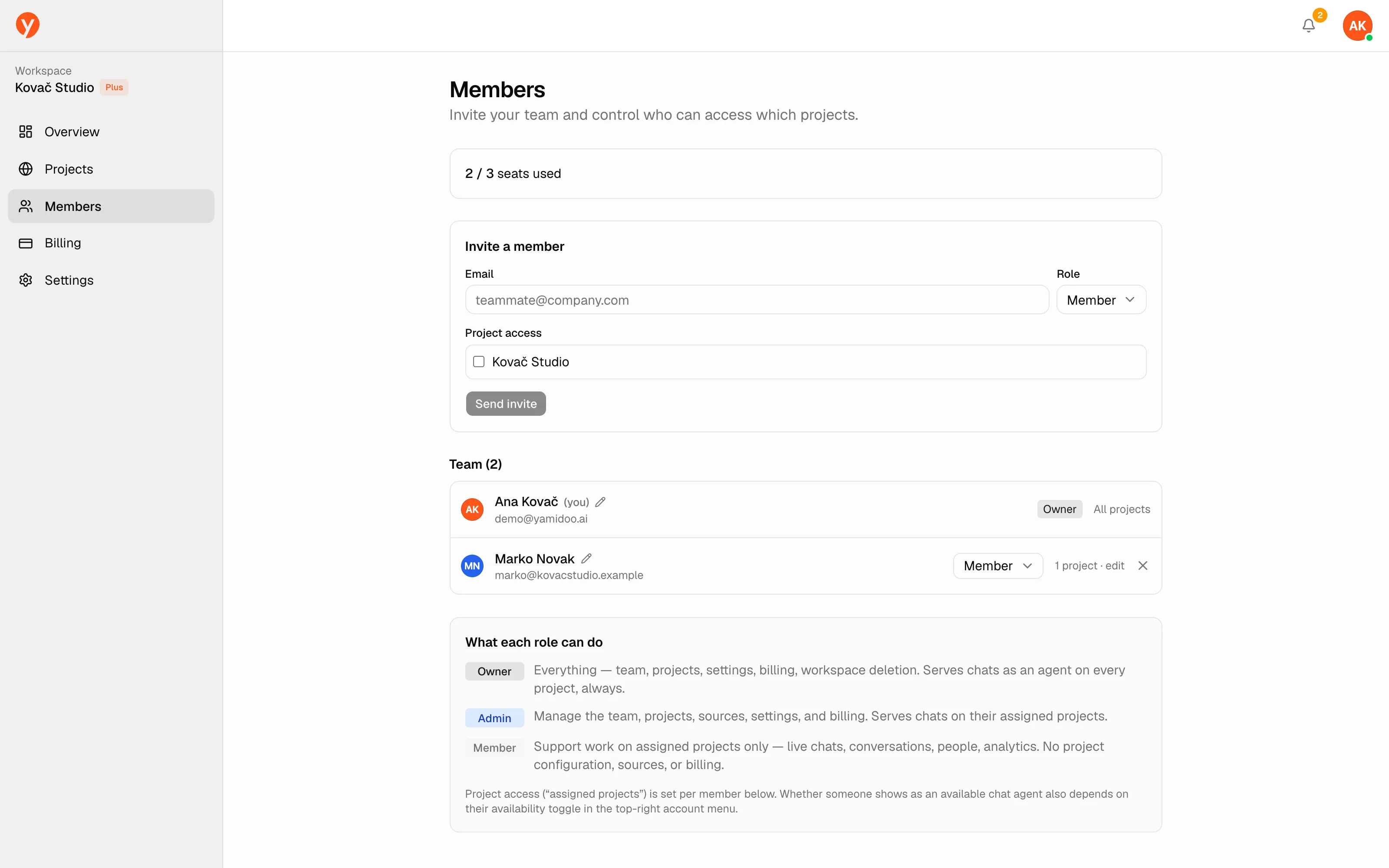 The Members page with the invite form and the team list showing role badges