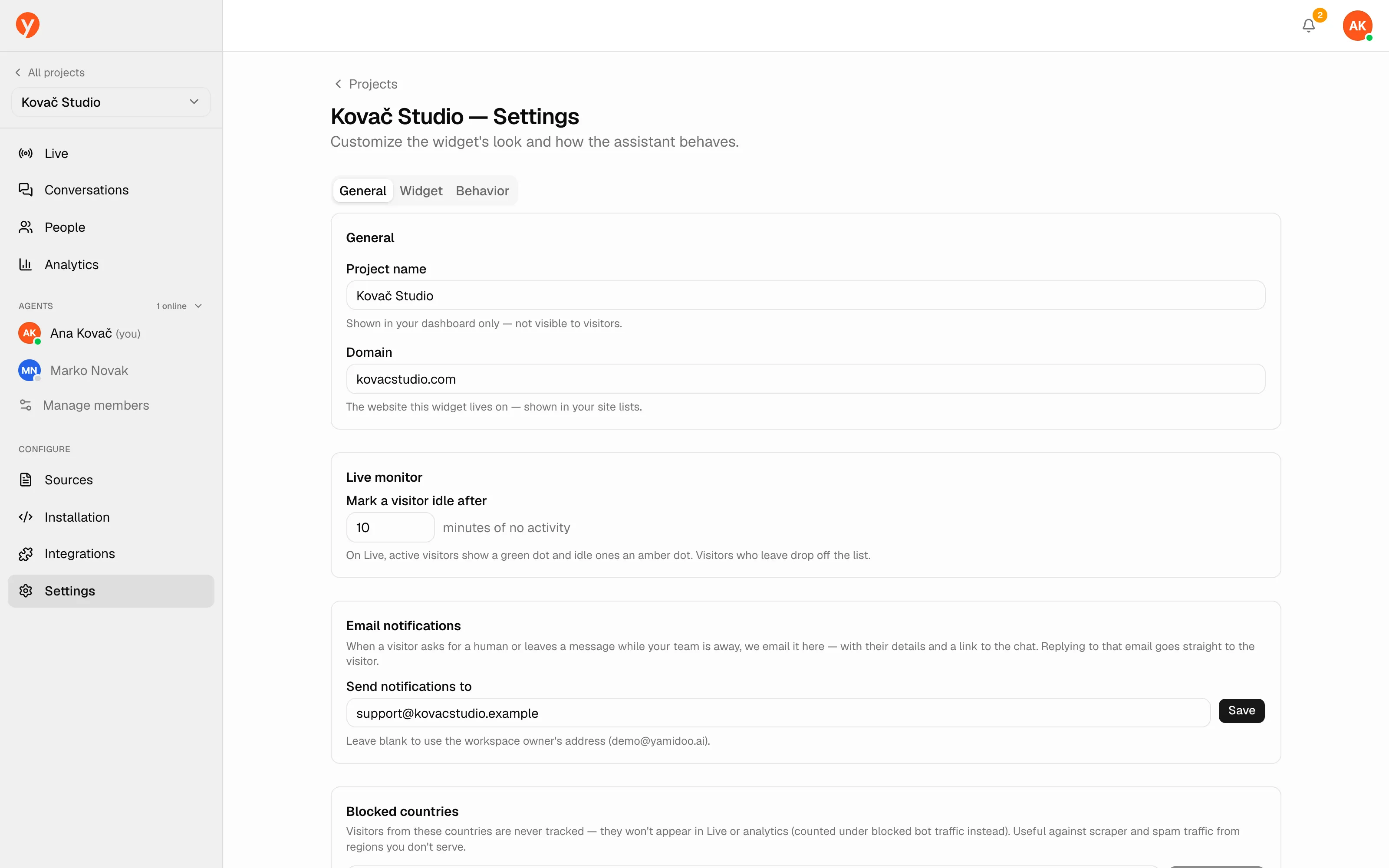 A project's Settings page with the widget appearance and AI behavior sections
