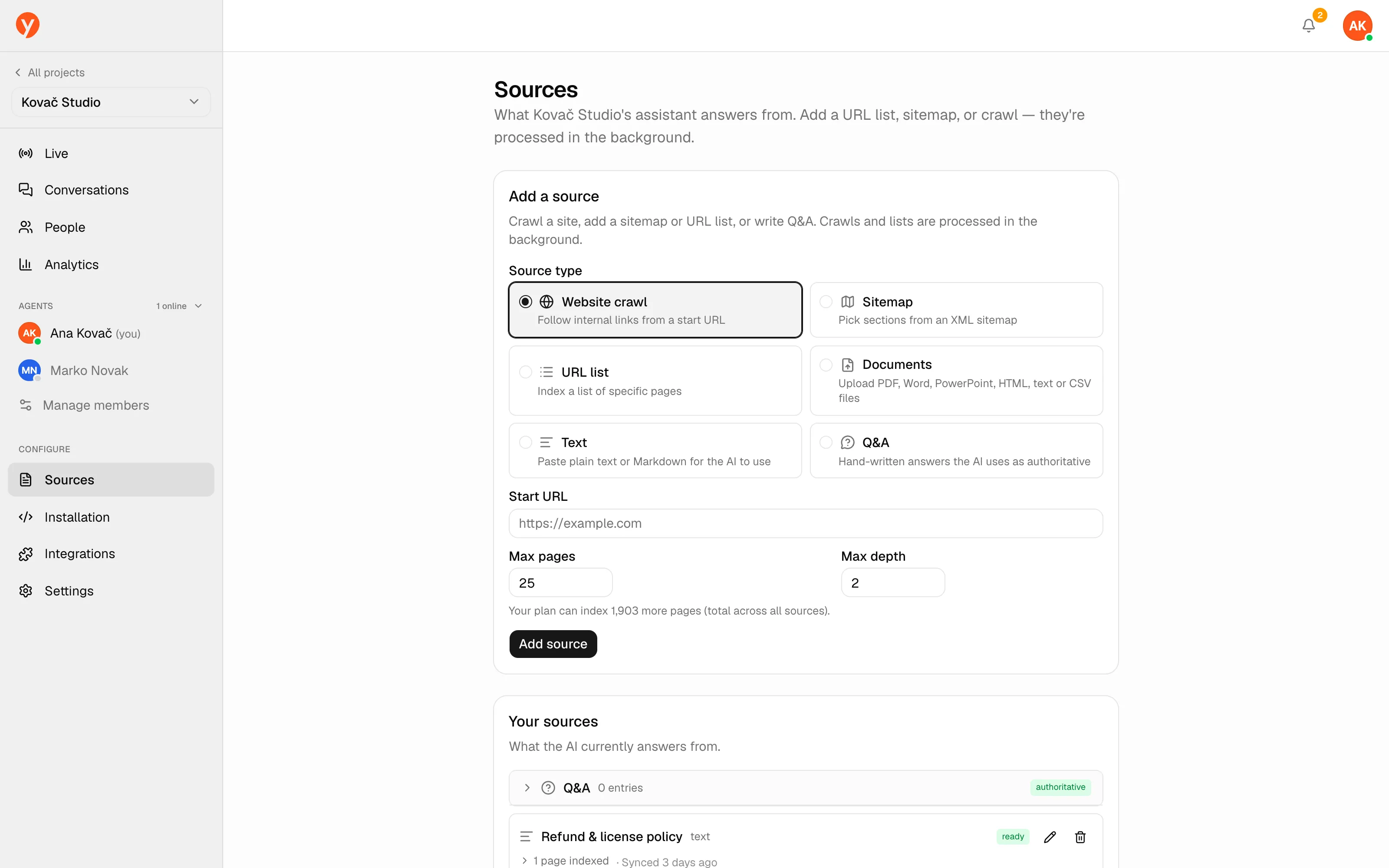 The Sources page: the Add a source card and the list of connected sources with their status